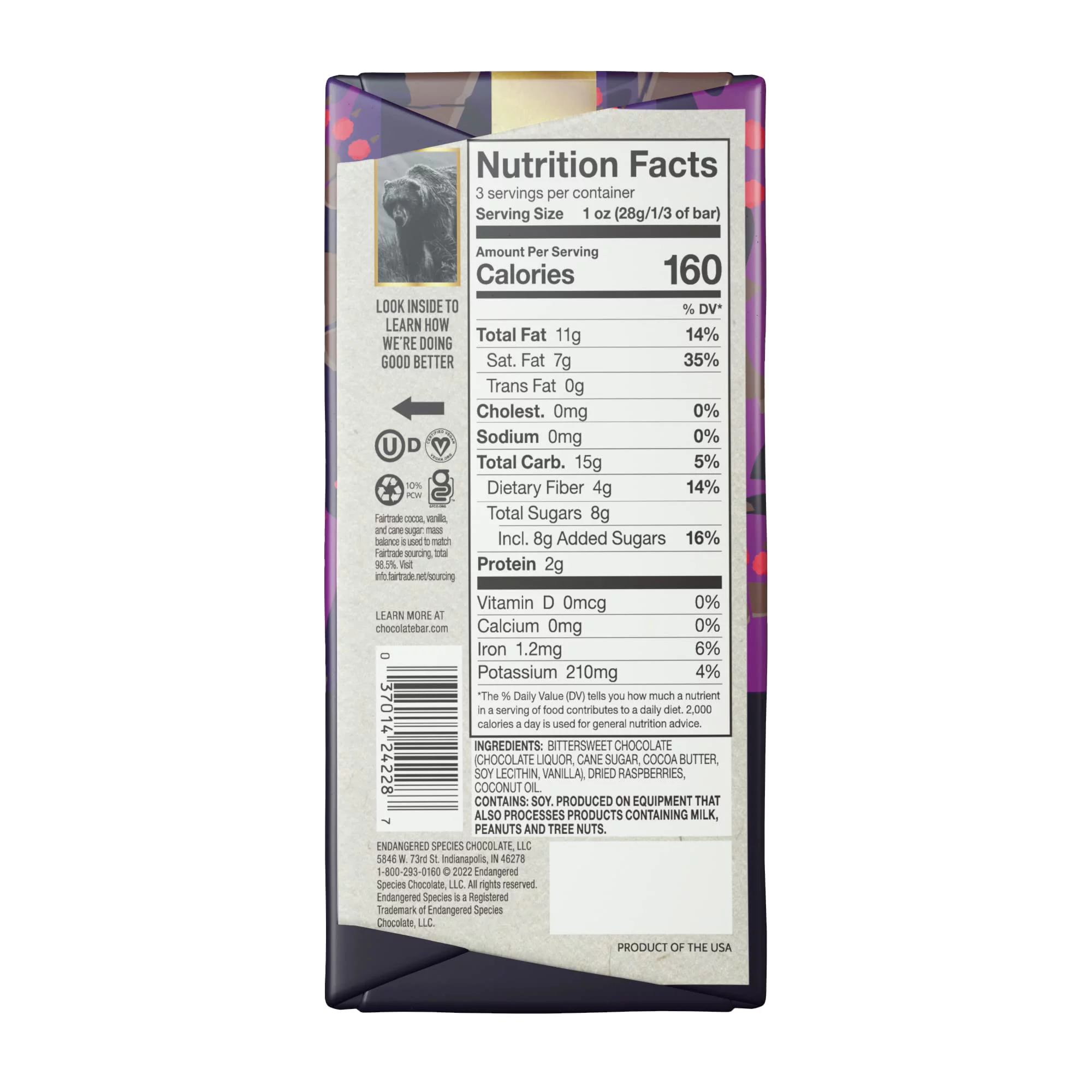 Endangered Species Dark Choc Bar Raspberries Grizzly (12x3 OZ)