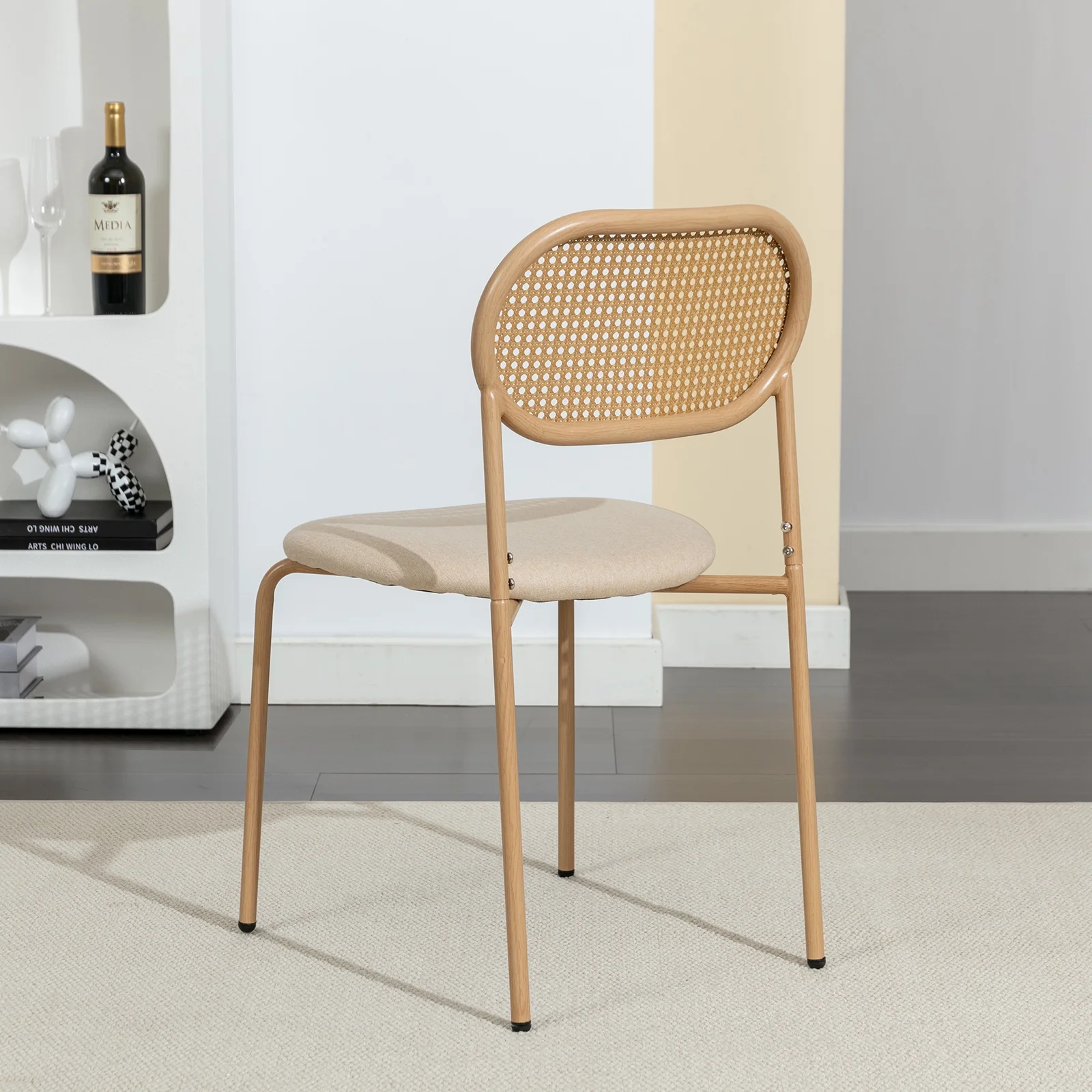 COSVALVE Set of 4 Boho Dining Chairs with Rattan Back, Upholstered Cane, Metal Legs