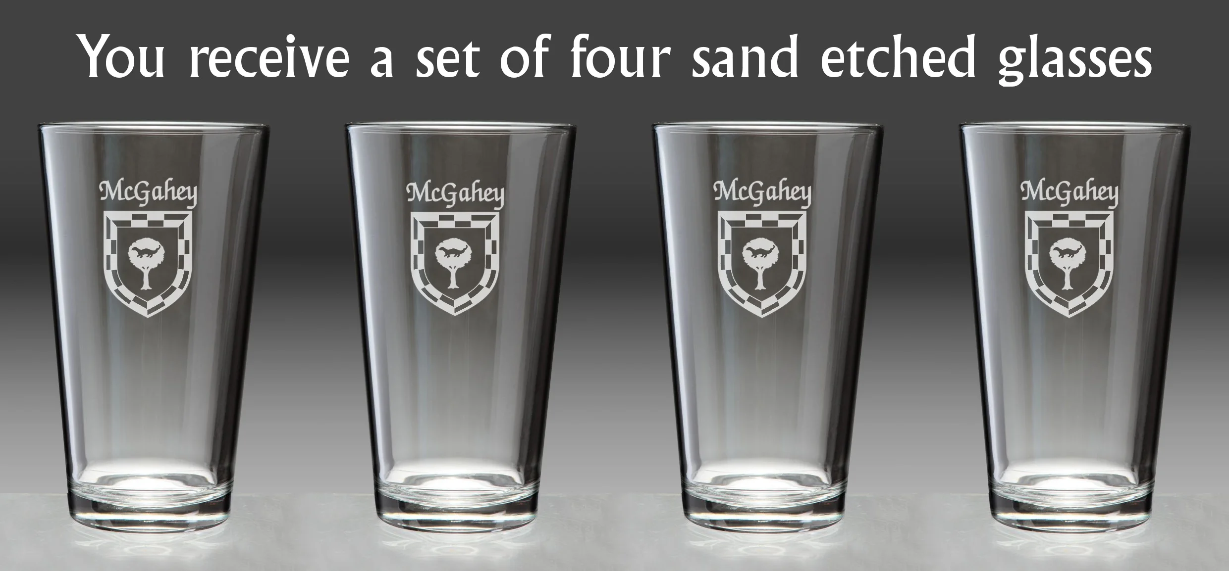 McGahey Irish Coat of Arms Pint Glasses - Set of 4 (Sand Etched)