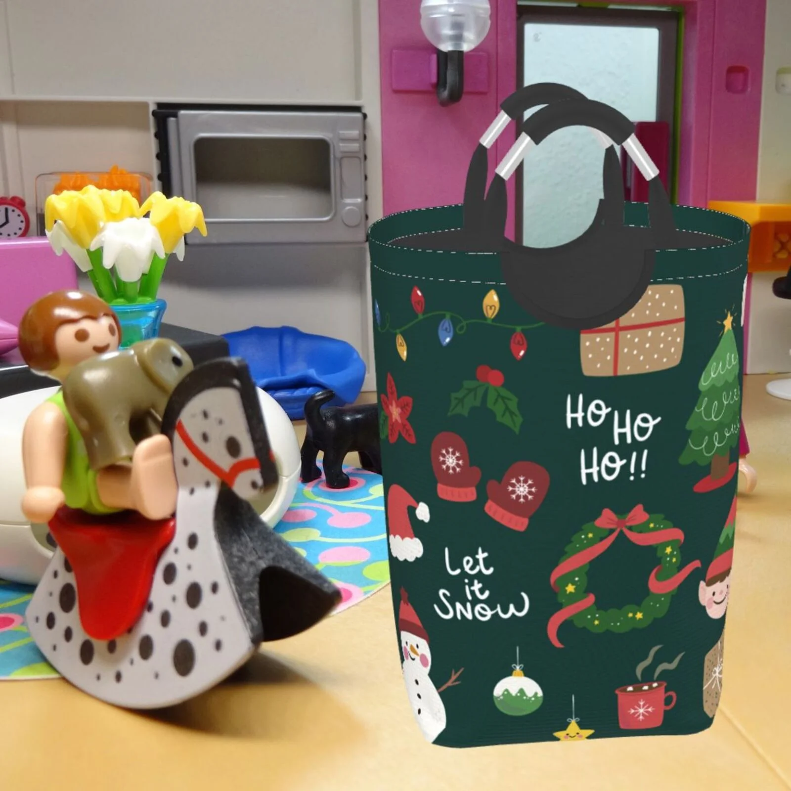 XMXT Collapsible Laundry Basket Hamper, Christmas Elf Snowman Pattern Large Laundry Bag Clothes Hamper with Aluminum Handle, 50L