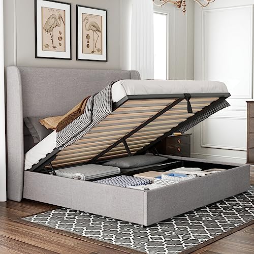 Jocisland Queen Size Lift Up Storage Bed Frame Linen Upholstered Platform Bed/Hydraulic Storage/Modern Wingback Headboard/No Box Spring Needed/Wood Slats Support/Light Grey