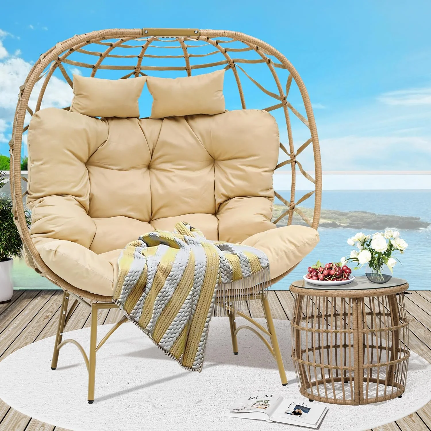 Dextrus Double Egg Chair with Legs 2 Person Wicker Egg Chair Indoor Outdoor Patio Egg Chair with Cushions 617lbs for Patio, Bedroom, Garden and Balcony, Beige