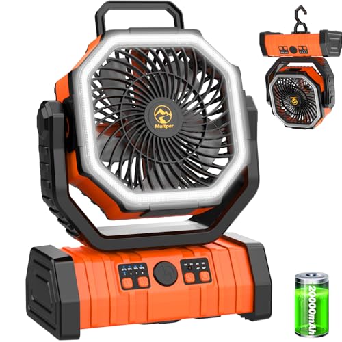 20000mAh Rechargeable Portable Camping Fan, USB Battery Operated Powered Shaking Head Fan with LED Lantern, 4 Speed 4 Timing Oscillating for Camping with Remote &Hook for Fishing,Travel,Jobsite Orange