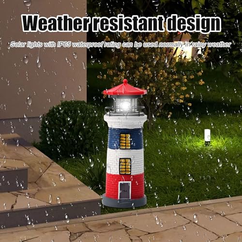 LED Solar Power Lighthouse Statue Rotating Outdoor Light Garden Yard Lawn Craft Ornament (Black and White)