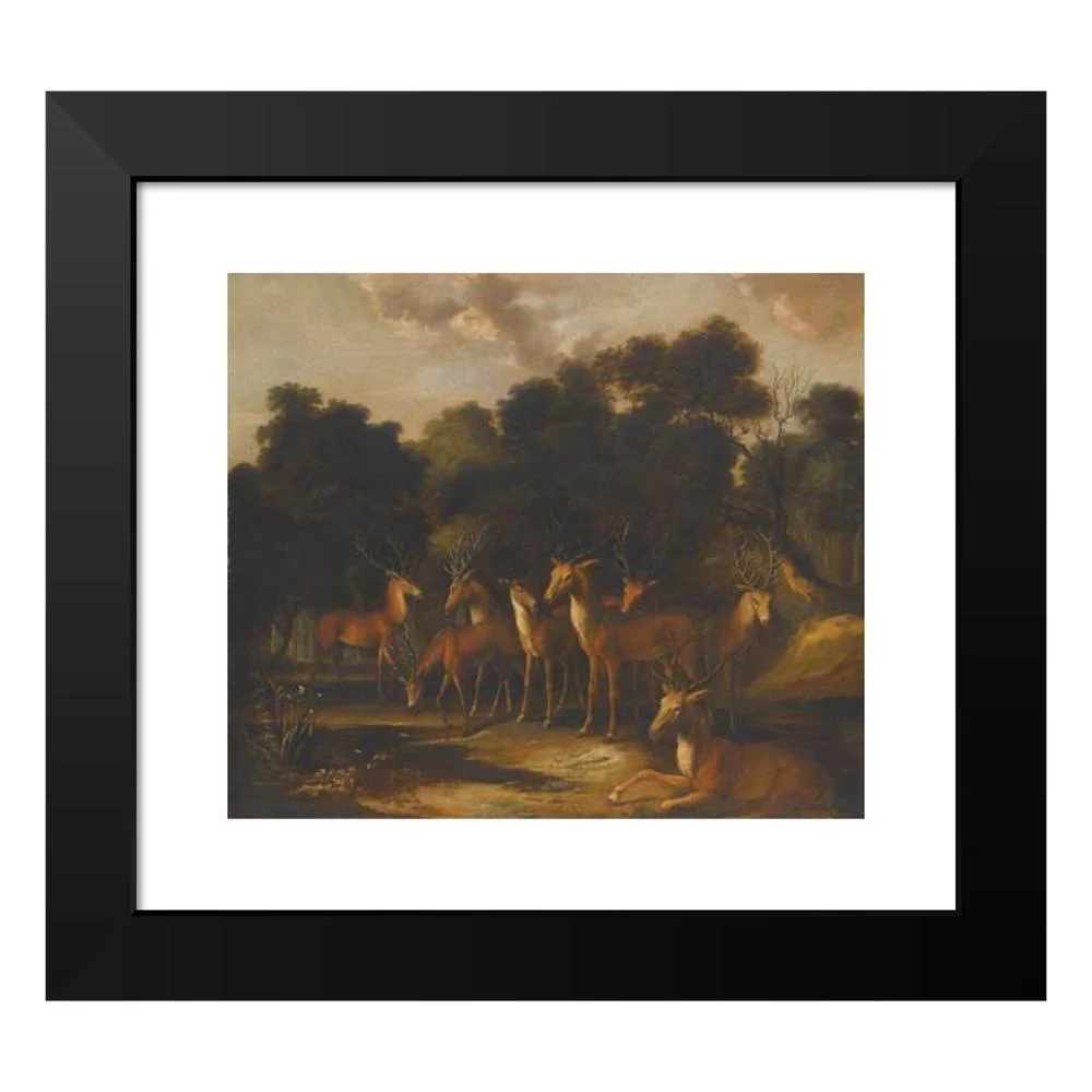 French School 14x12 Black Modern Framed Museum Art Print Titled - Deer Standing in a Clearing at a Waterhole (Early 18th Century)
