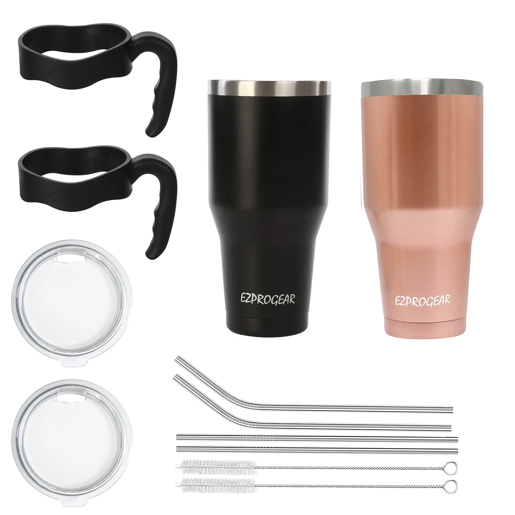 Ezprogear 40 oz 2 Pack Stainless Steel Tumbler Double Wall Vacuum Insulated Coffee Mug Travel Cup with Handle and Straws (Black & Rose Gold)