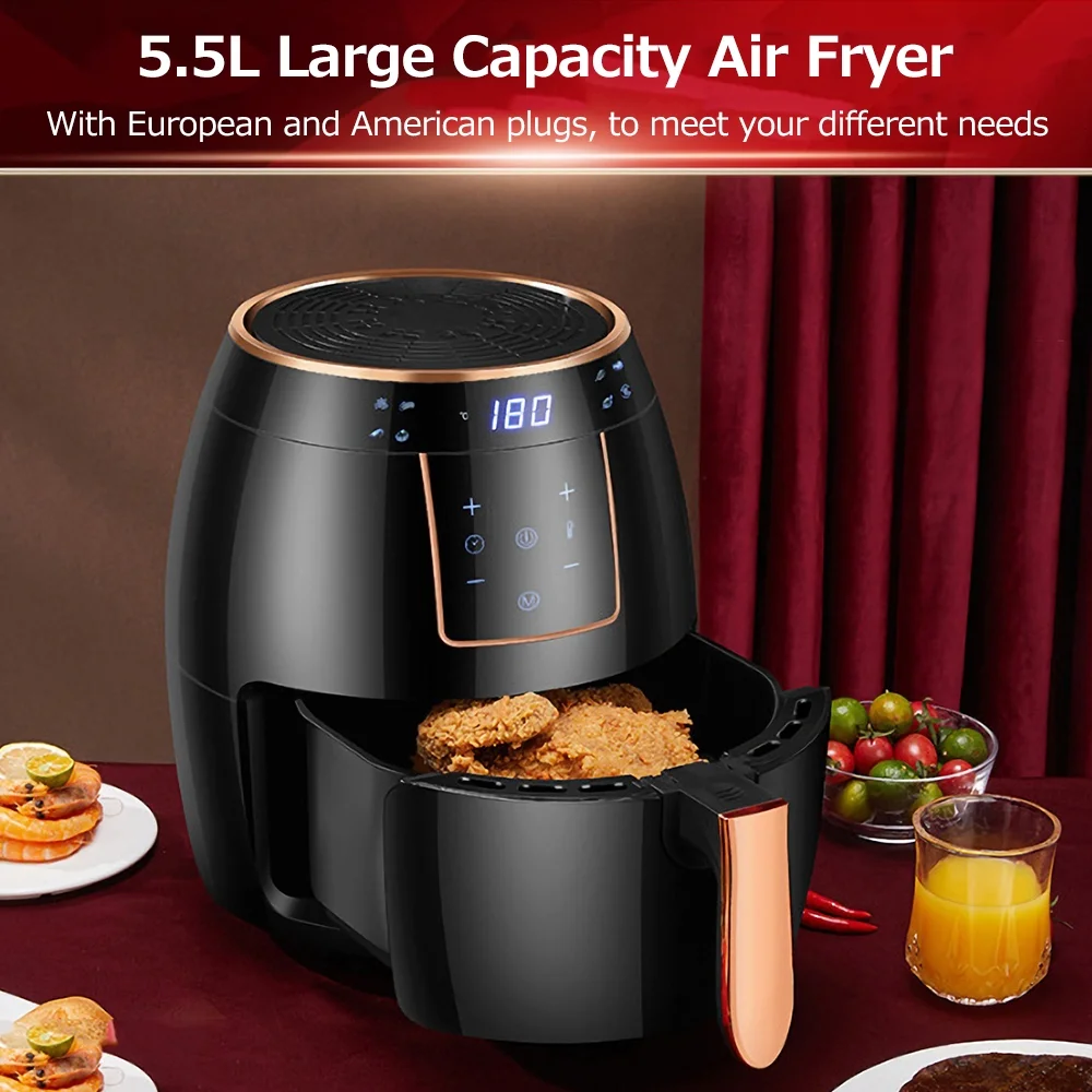 Anself Air Fryer 5.5L Household Large Capacity Electric Air Fryer with Bakeware - Powerful 1300W, LCD Screen, Timer - Ideal for Home Cooking