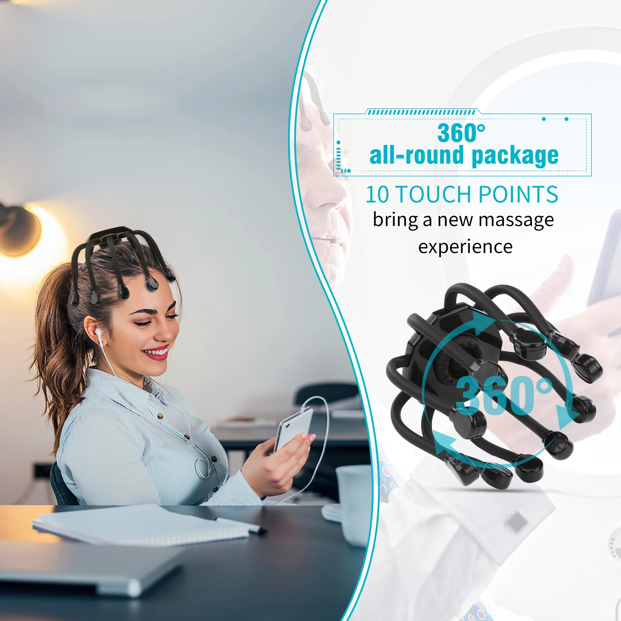 KEKOY Electric Scalp Massager, Head Massager With 5 Modes and 10 Vibrating Contacts, USB Charging 360 Degree Head Massager Scalp Stress Relax, Black