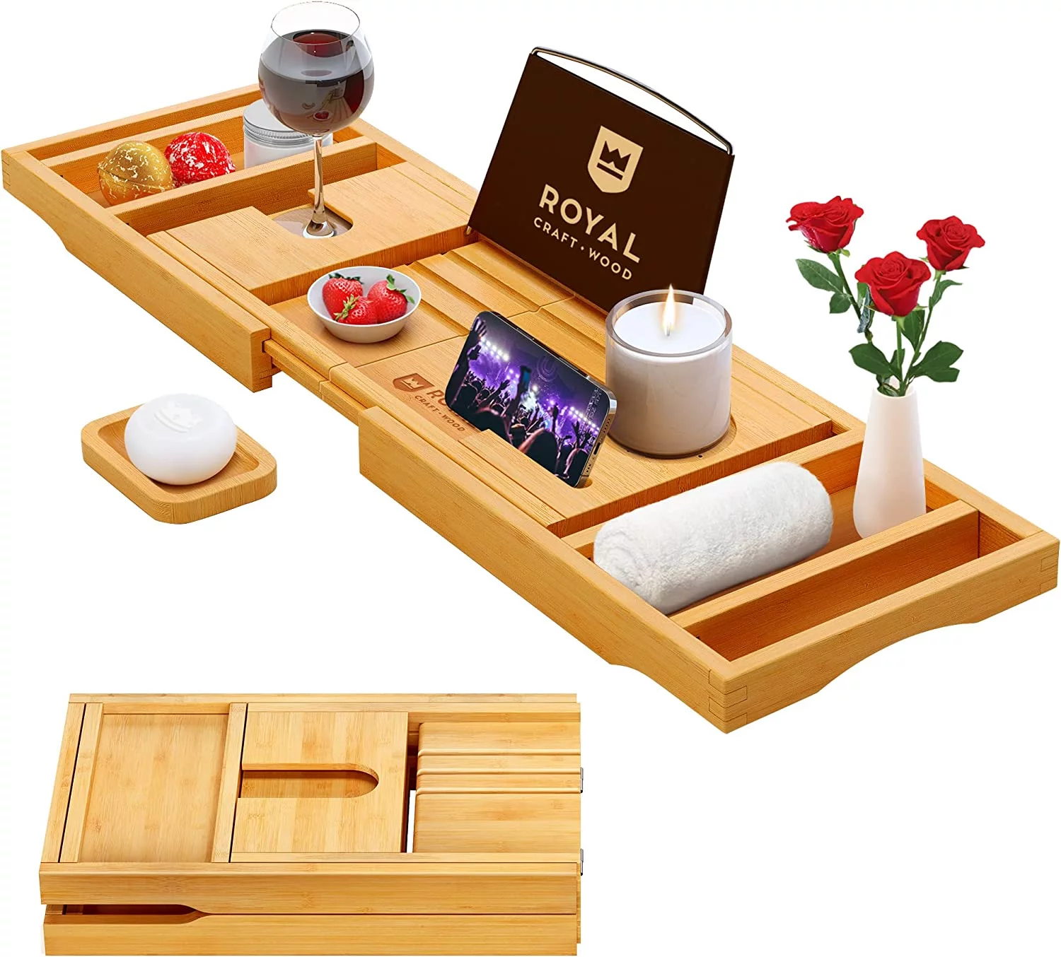 𝐋𝐮𝐱𝐮𝐫𝐲 Foldable Bathtub Caddy Tray, Bamboo Bath Caddy Natural Bathtub Tray Expandable, Bath Tub Table Caddy with Extending Sides SPA Bath Shelf - ROYAL CRAFT WOOD