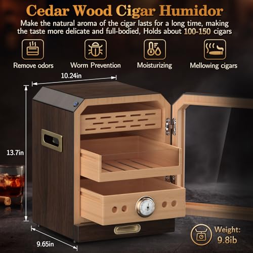 Cigar Humidor, Lighted Control Magnetic Door Desktop Cigar Humidor Cabinet,with Cigar Accessory Drawer and 2 humidifiers 3 Layer Large Capacity Humidor,Hold 100-150 Cigars (Brown)