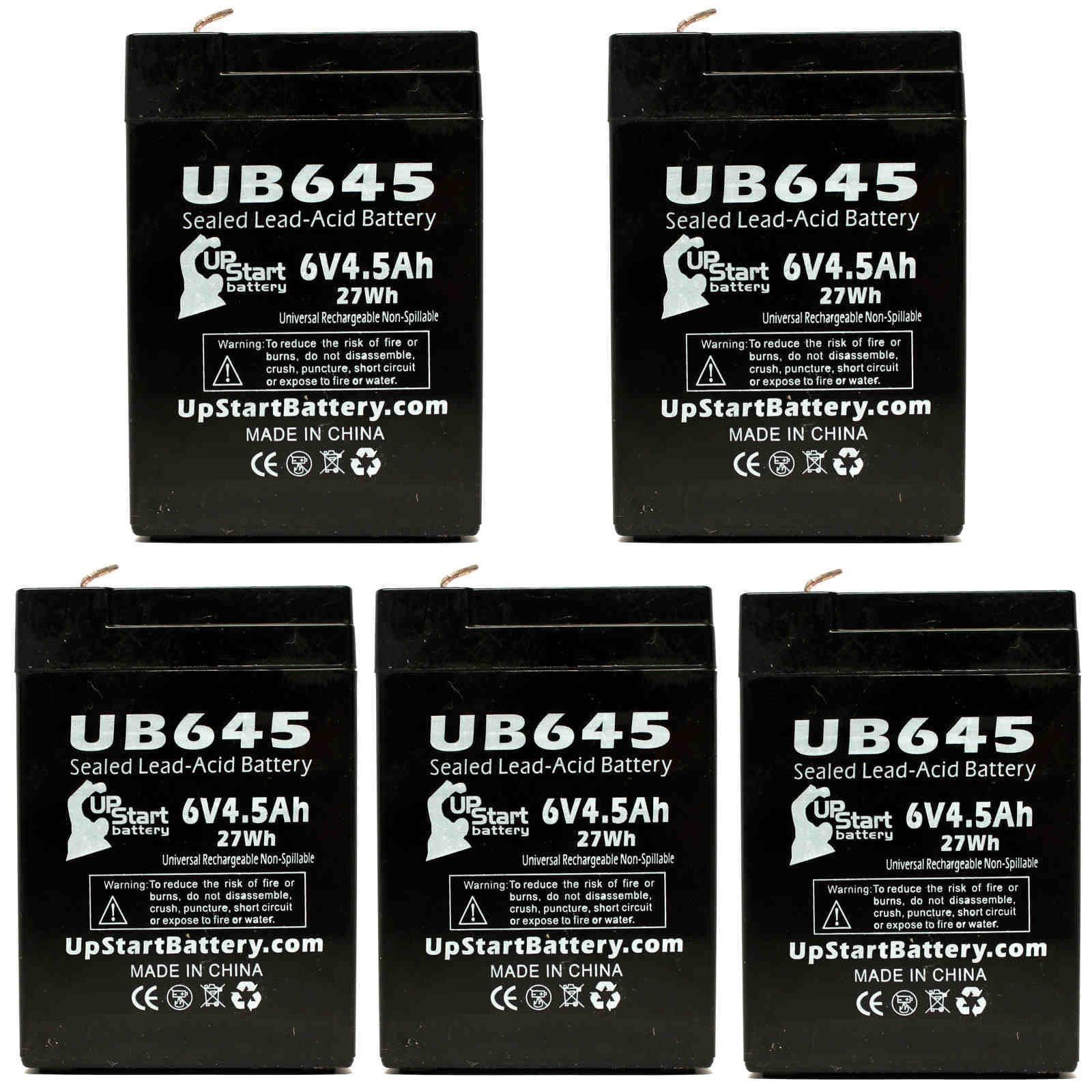 5x Pack - Compatible Exide S200 Battery - Replacement UB645 Universal Sealed Lead Acid Battery (6V, 4.5Ah, 4500mAh, F1 Terminal, AGM, SLA) - Includes 10 F1 to F2 Terminal Adapters