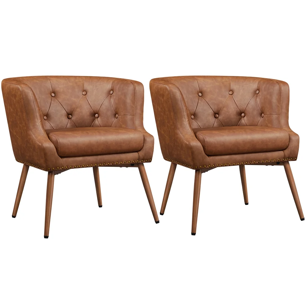 Topeakmart 2PCS Button Tufted Fuax Leather Barrel Accent Chair with Metal Legs for Living Room, Brown