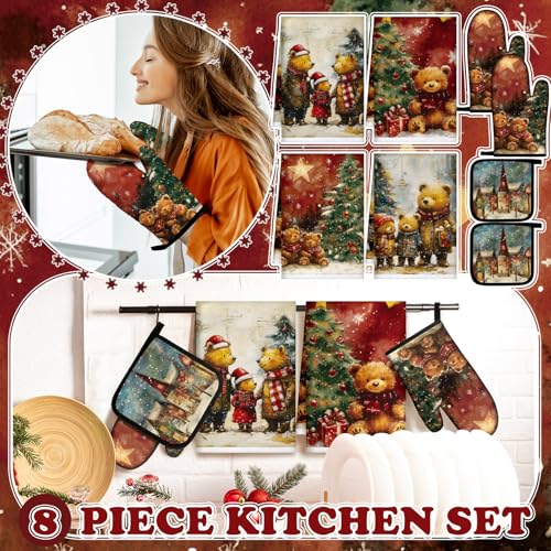 Bencailor 8 Pcs Christmas Kitchen Towel Oven Mitts and Pot Holders Set Red Truck Dish Towels Red and Black Plaid Oven Gloves for Christmas Kitchen Cooking Baking Grilling