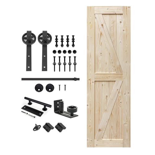 S&Z TOPHAND 36 in. x 84 in. Unfinished British Brace Knotty Barn Door with 6.6FT Sliding Door Hardware Kit/Solid Wood/Sliding Door/Double Surfaces/A Simple Assembly is Required (36, Door+J Shape)