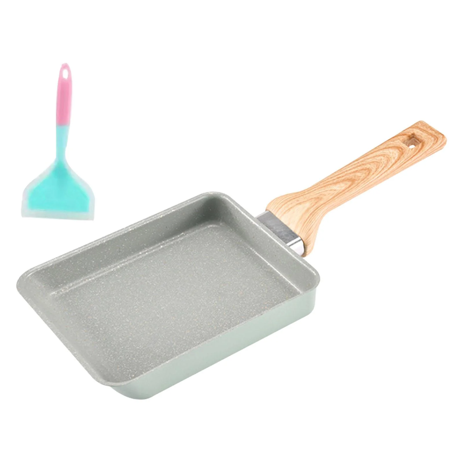 Japanese Omelette Scratch Bottom Coating Rectangle Steak Skillet Handle Egg Tops , Green with Spatula