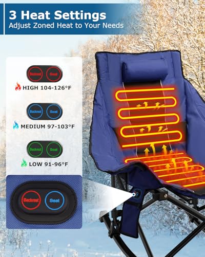 ZENPETIO Heated Camping Chair, Oversized Outdoor Rocking Chair with 3 Heat Levels, Portable Folding Heated Chair for Camp, Lawn, Sports, Winter Use (Battery NOT Included)