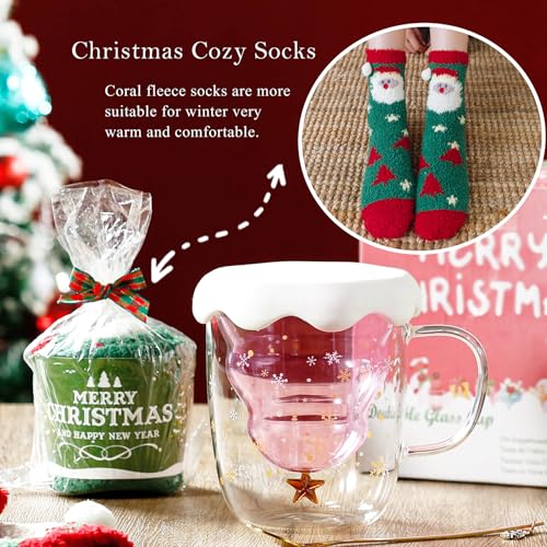 Cute Mugs Christmas Gifts Coffee Mug Double Walled Glass Mugs Milk Tea Espresso Cup Christmas Tree Decorations Christmas Funny Gifts for Women Men Kids Girls Her Best Friend（Pink）
