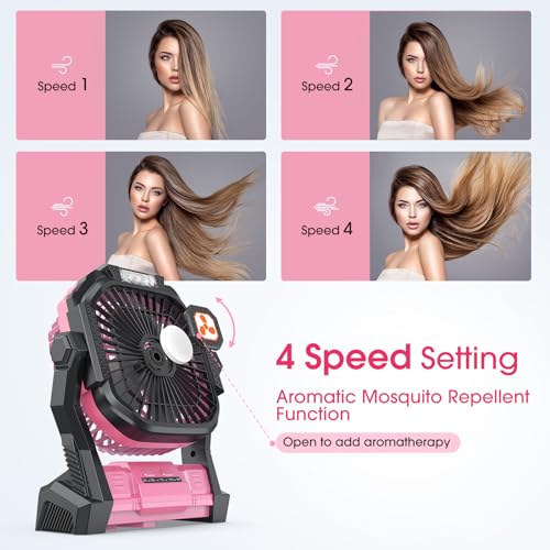 ONLYNEW Portable Fan Rechargeable, 20000mAh Cordless Battery Powered Table Fan with LED Lantern, USB C Battery Operated for Travel Home Camping Tent Office Beach Desk Fishing Pink