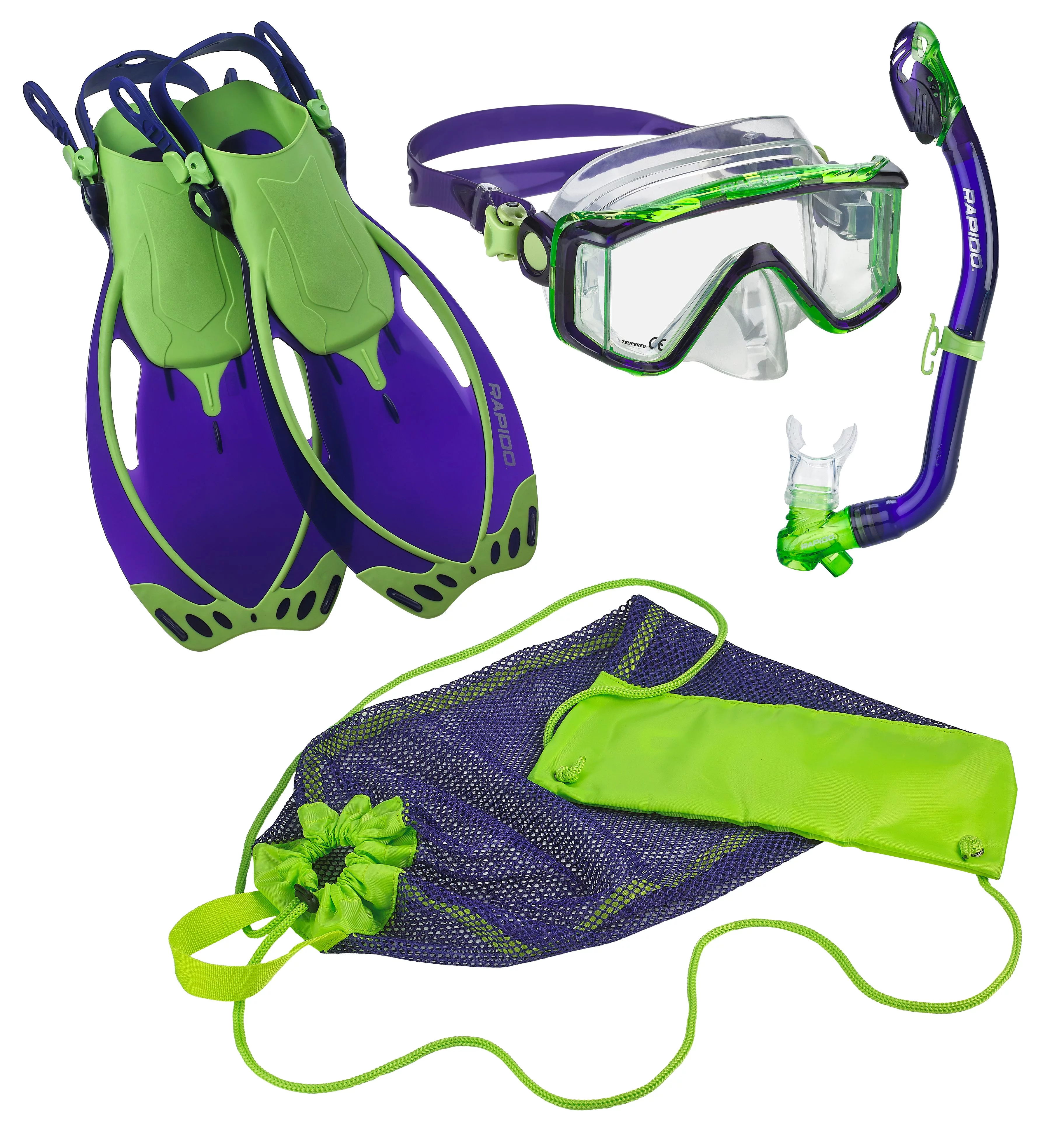 Rapido Boutique Collection Boys and Girls Kids Snorkel Set Jr Snorkeling Set Mask + Dry Snorkel + Adjustable Fins + Net Bag
