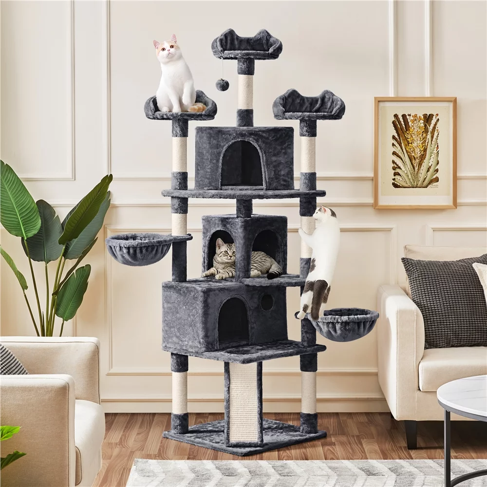 Topeakmart 76.5" H Multilevel Large Cat Tree Scratching Post Tower with 3 Condos & 2 Baskets, Dark Gray