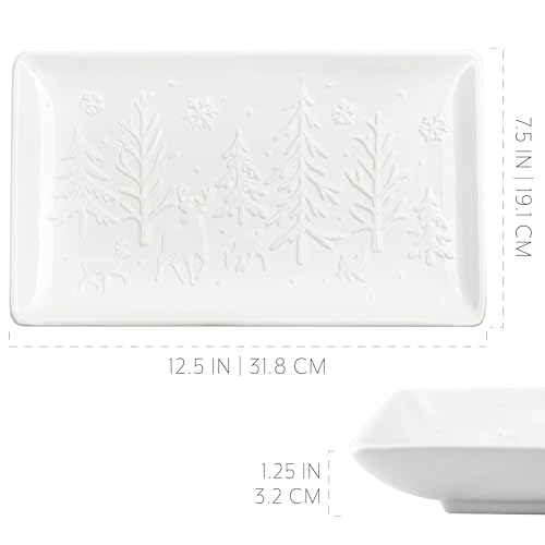 AuldHome Design Reindeer Christmas Tree Platter; Ceramic Embossed White Serving Tray