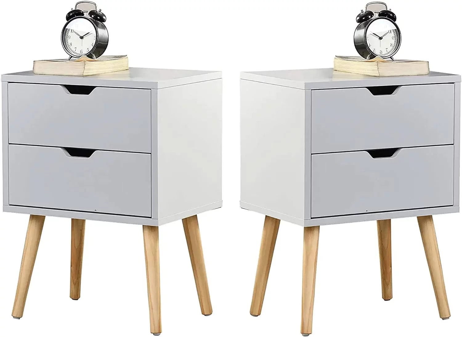 Sweetgo End Side Table Nightstand With Storage Drawer -Fashion Modern Assemble Storage Cabinet Bedroom Bedside -Solid Wood Legs Living Room Bedroom Furniture-Double Drawer Nightstand-Set Of 2 (White)