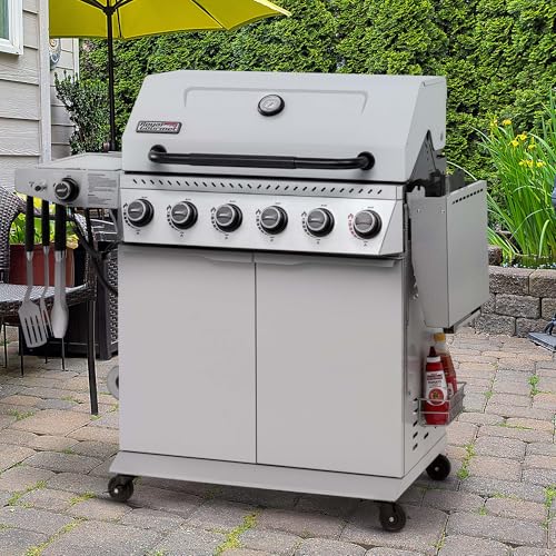 Royal Gourmet GA6406W 6 Burner Propane Gas Grill with Foldable Right-Side Table, 74,000 BTUs, Cabinet Style Gas BBQ Grill with Side Burner for Barbecue Grilling & Backyard Cooking, White