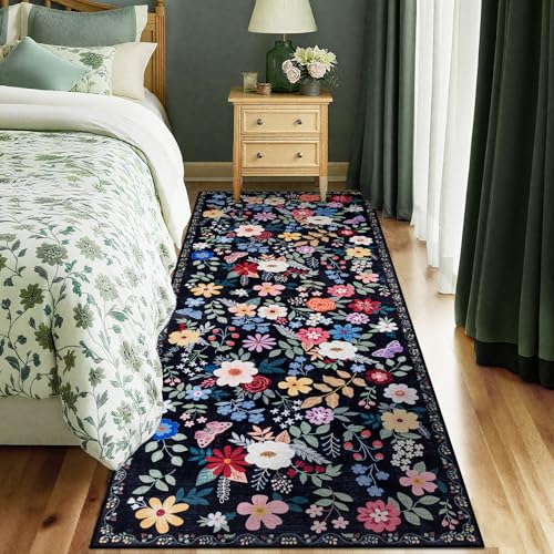 8x10 Area Rugs for Living Room: Floral Washable Rug Vintage Large Soft Boho Non-Slip Carpet Indoor Floor Stain Resistant Carpets for Bedroom Dining Room Farmhouse Nursery Home Office Dark Green