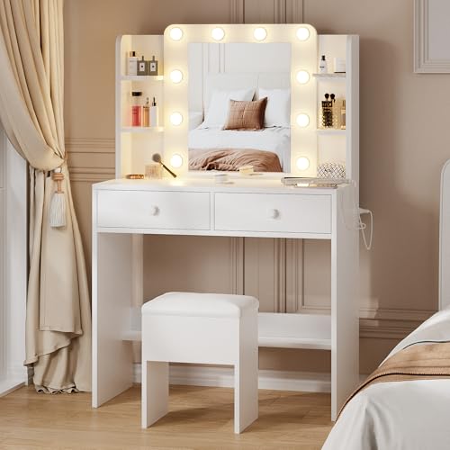Haewon White Vanity Desk with Mirror and Lights, Makeup Vanity with 10 LED Bulbs and 3 Color Modes, Dressing Table Set with Power Outlets, Storage Drawers and Chair for Bedroom