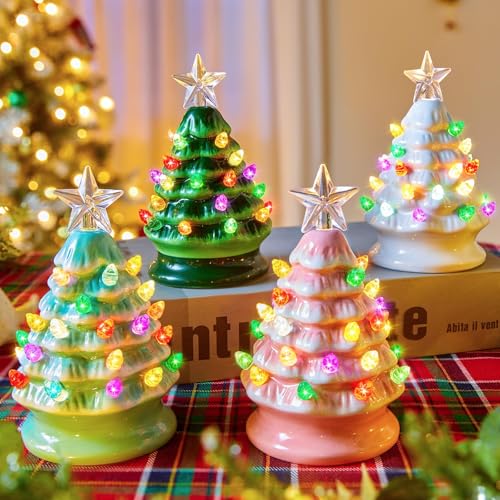Brightown 5 Inch Mini Ceramic Christmas Tree Set - 4 Pack Pre-lit Tabletop Christmas Tree with Multicolored LED Lights, Battery Operated Small Lighted Tree for Home Office Table Holiday Decorations