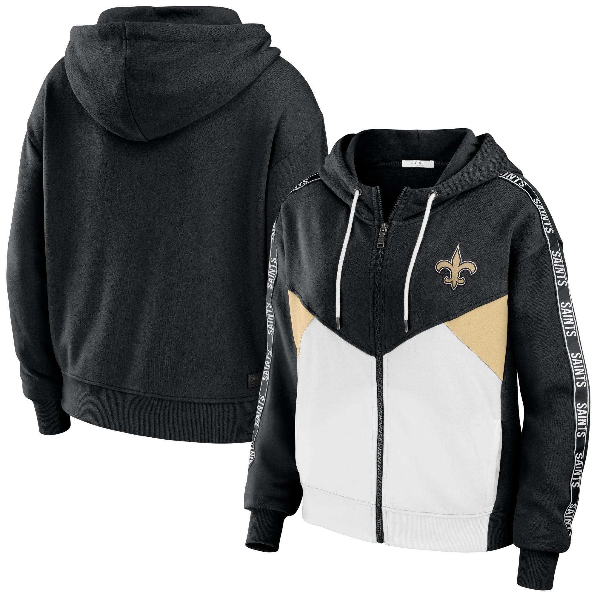 Women's WEAR by Erin Andrews Black/White New Orleans Saints Color Block Light Weight Modest Crop Full-Zip Hoodie