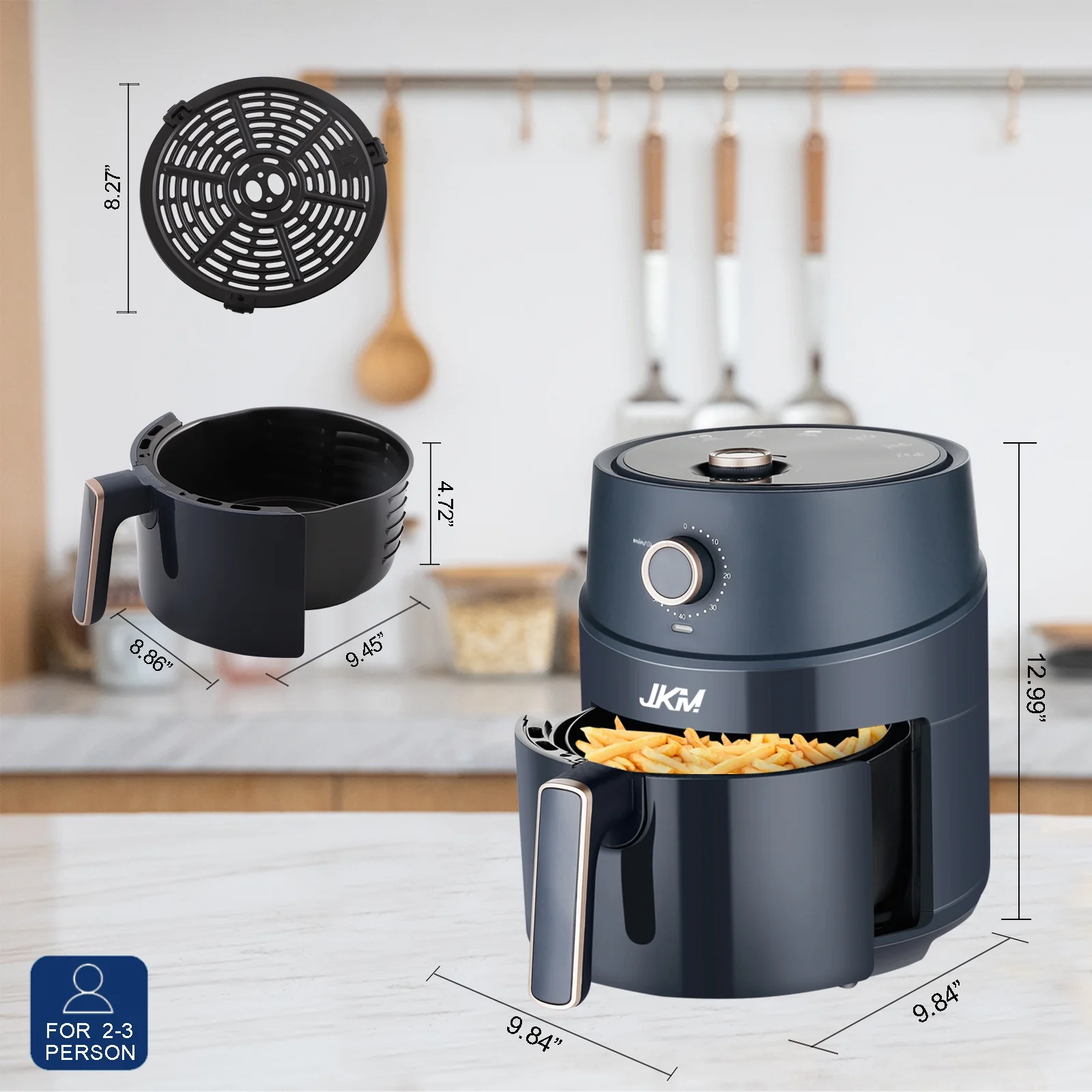 JKM Air Fryer 4.7 Quart, mechanical Air Fryer Oven, Adjustable Timer & Temp, No Oily Smoke Frying Cooking, Auto Shut Off, 1500W, Navy Blue