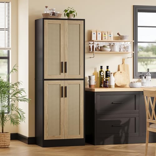 Pantry - Kitchen Pantry Cabinet, Tall Storage Rattan Cabinet with 4 Doors and Adjustable Shelves, Linen Closet Freestanding Cupboard for Dining Room Living Room, Laundry, Bathroom