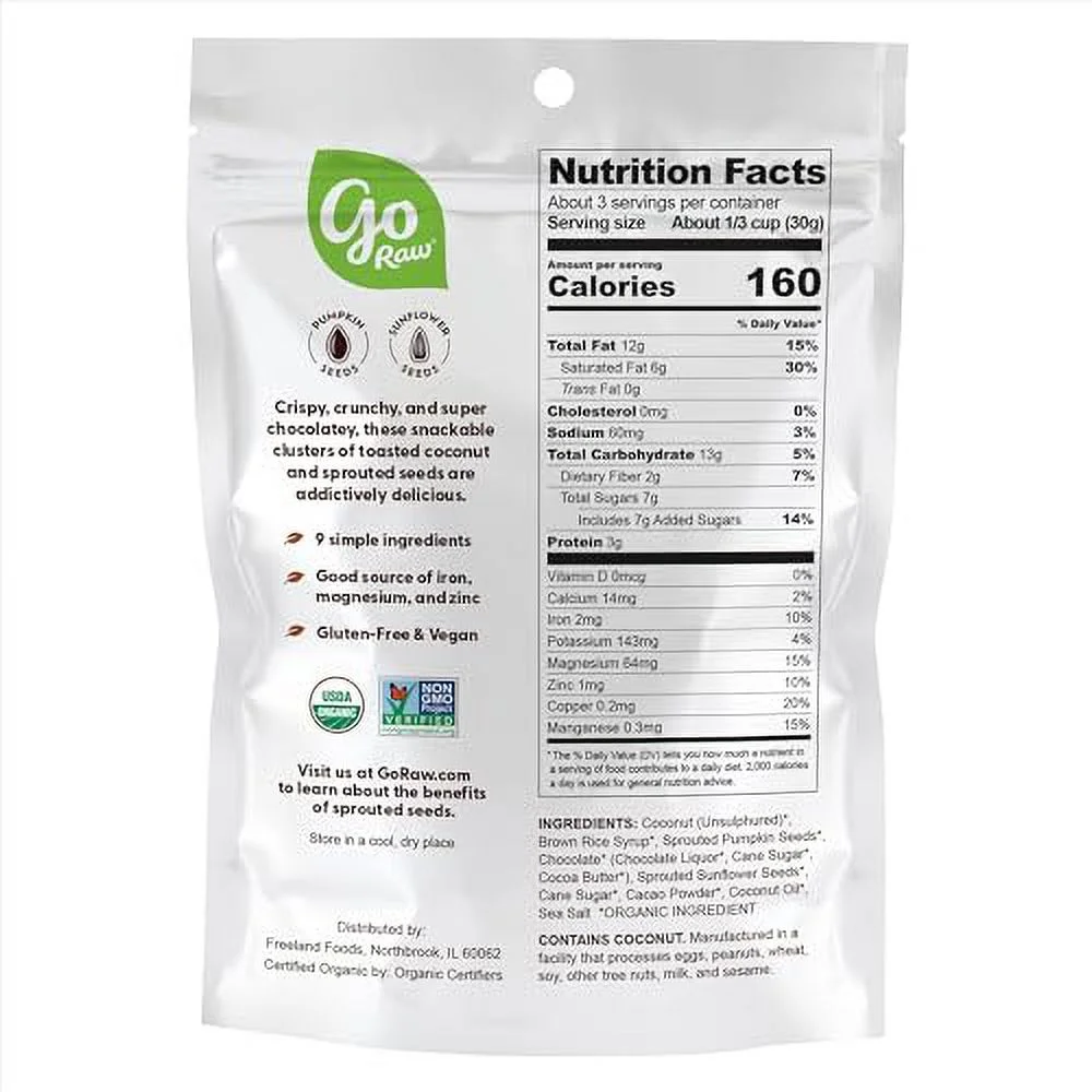 Go Raw Sprouted Organic Dark Chocolate Clusters with Coconut & Sprouted Seeds, 6 ct box of 3 oz bags