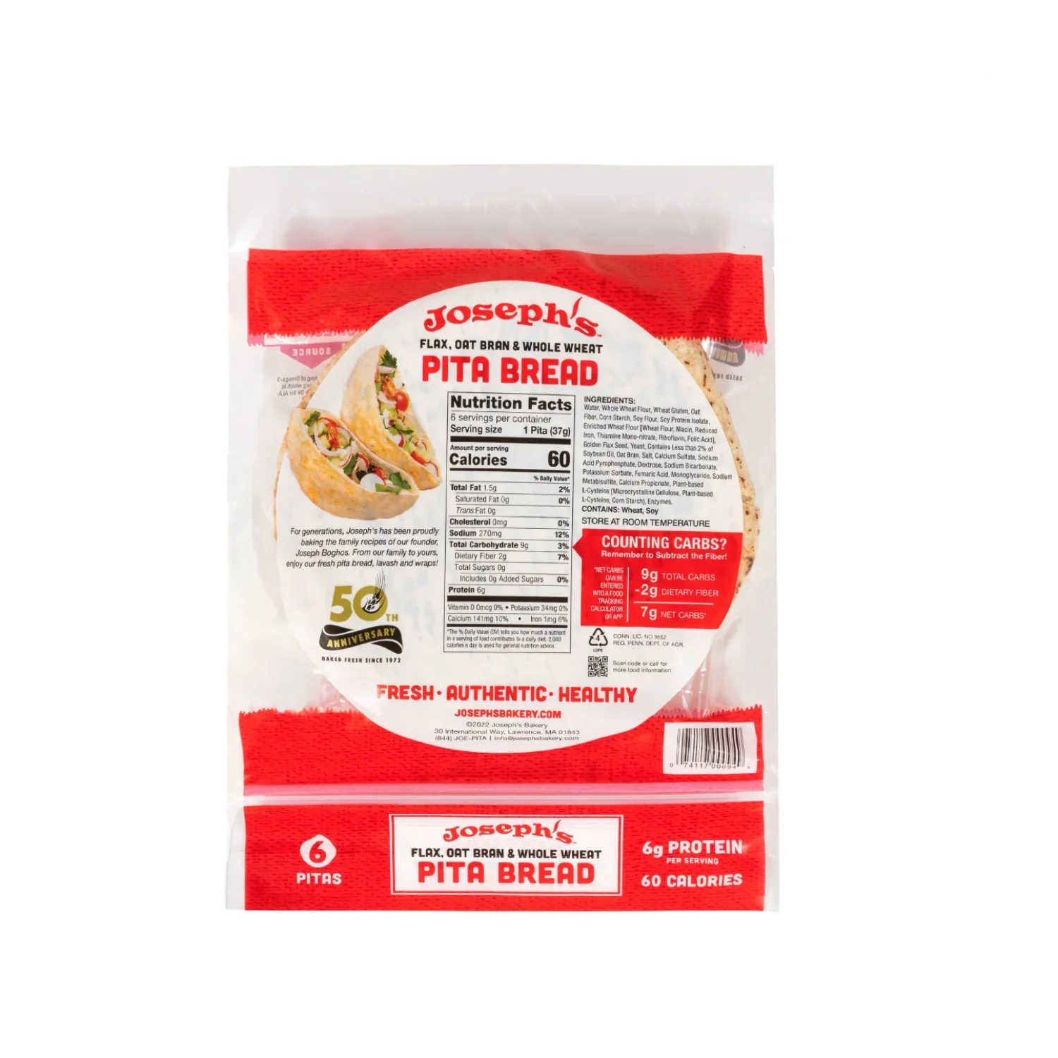 Josephs Low Net Carb Flax Pita Bread, 8 oz, 3 Pack, 18 Count