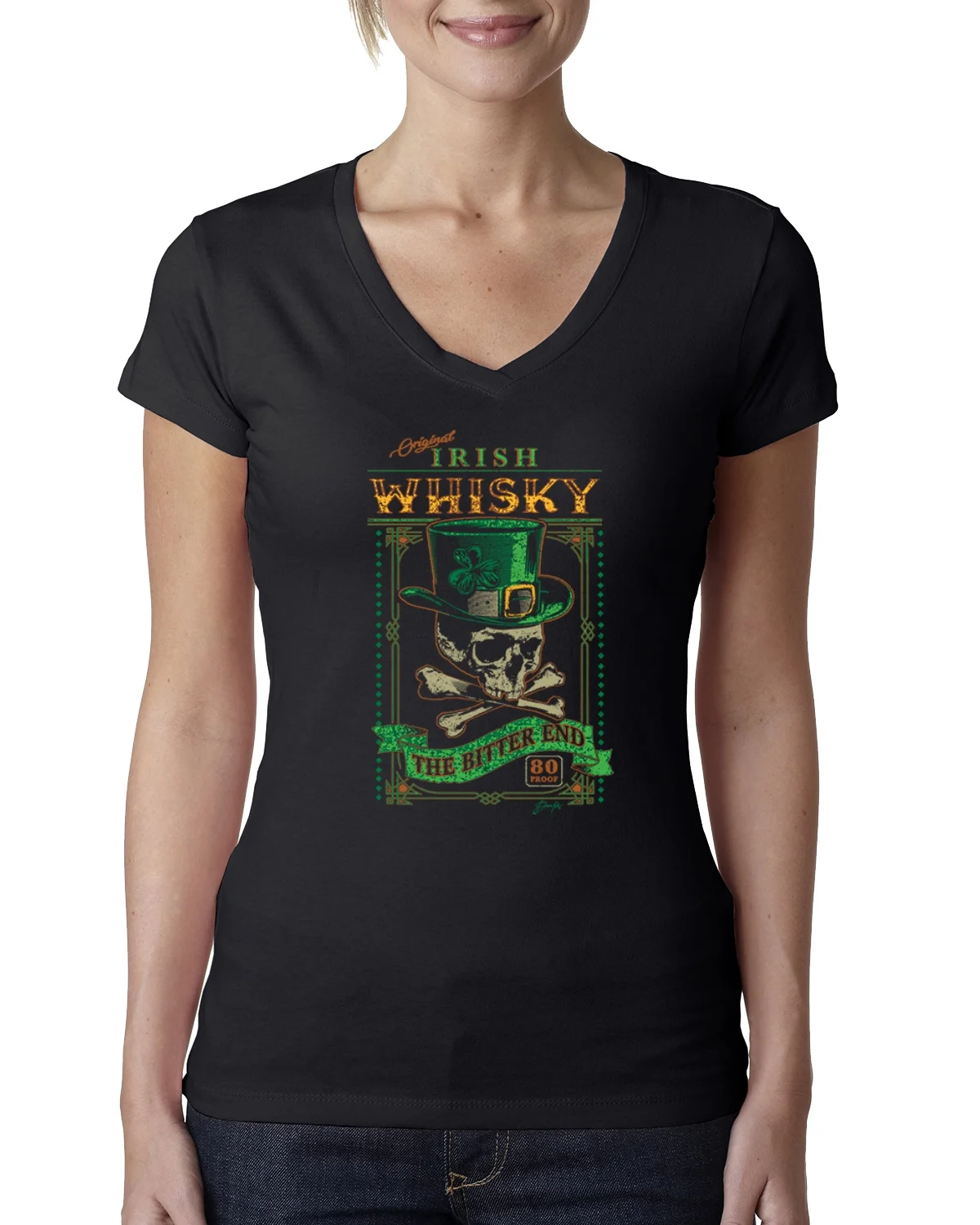 Wild Bobby Original Irish Whisky The Bitter End Skull St. Patrick's Day Women Junior Fit V-Neck Tee, Black, XX-Large