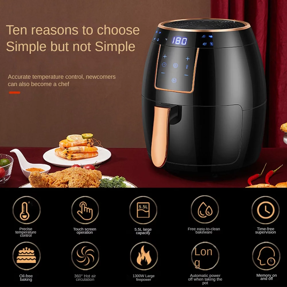 Air Fryer 5.5L Household Large Capacity 1300W Big Firepower Timing Touch Screen LCD Electric Air Fryer with Bakeware