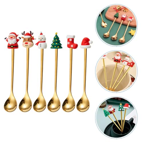 Upkoch Christmas Spoon Set, Christmas Coffee Spoons Teaspoon Stainless Steel Dessert Coffee Tea, Holiday Party Tableware, Figurine Design, Gold, 6 Pack with Red Box