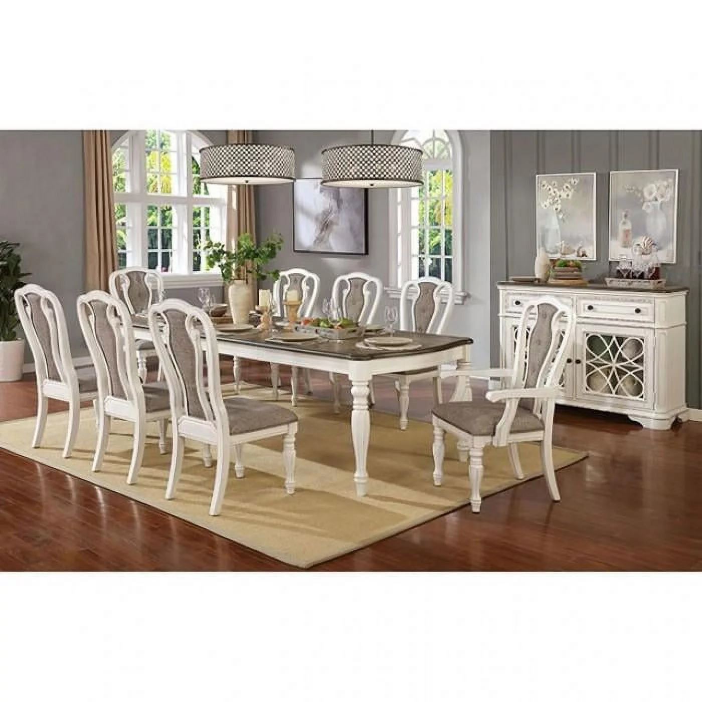 Traditional White Wash & Walnut Dining Room Set 7pcs FOA Leslie