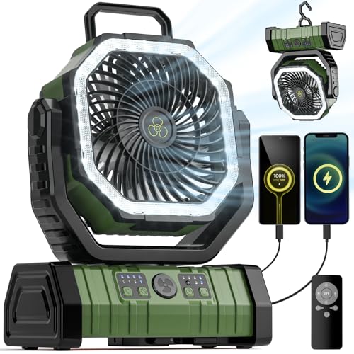 Camping Fan - 20000mAh Battery Powered Fan Rechargeable with LED Lantern - Portable Outdoor Tent Fan with Hanging Hook 4 Speeds Wind Remote Control