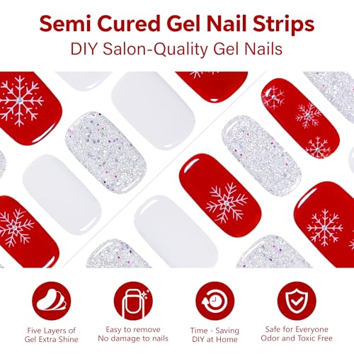Semi Cured Gel Nail Strips-Easy Apply Christmas Gel Nail Stickers Holiday Semi Cured Manicure Strips with Sparkling Xmas Designs (Classic Yule)