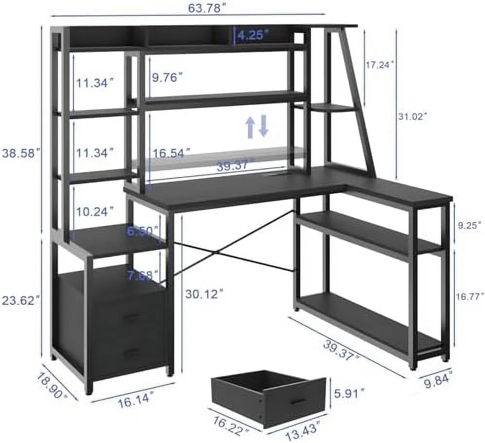 64" L Shaped Computer Desk with LED Lights and Power Outlets  L Shaped Gaming Desk with 2 Drawers Hutch Monitor Stand   Office Desk with USB Port