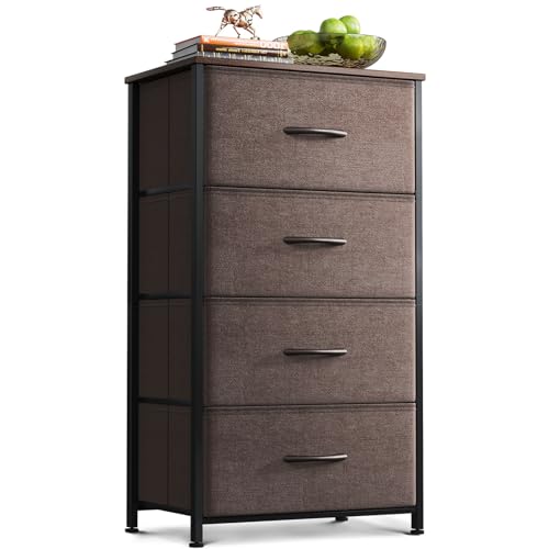 AODK Dresser for Bedroom with 4 Storage Drawers, Small Dressers Chest of Drawers Fabric Dressers with Sturdy Steel Frame, Dresser for Closet with Wood Top, Dark Grey