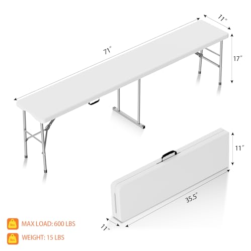 HLPB Folding Bench 6 ft, Foldable Plastic Bench with Handle and Smooth HDPE Tabletop, Protable in/Outdoor Picnic Party Camping Dining Seat, 2 Pack, White