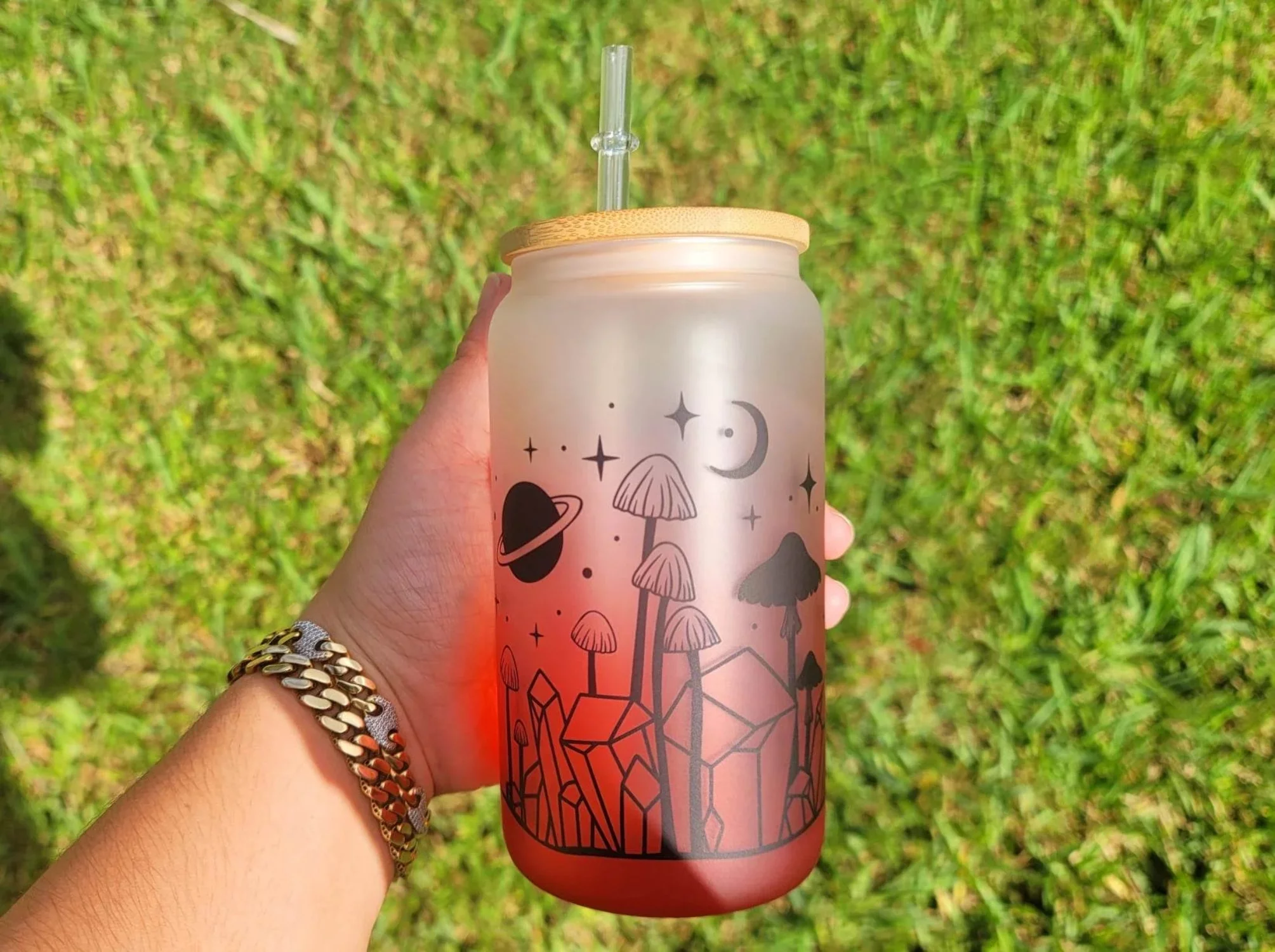 Mushroom Beer Can Glass | Boho Mushroom Coffee Glass | Aesthetic Coffee Glass | 16 oz