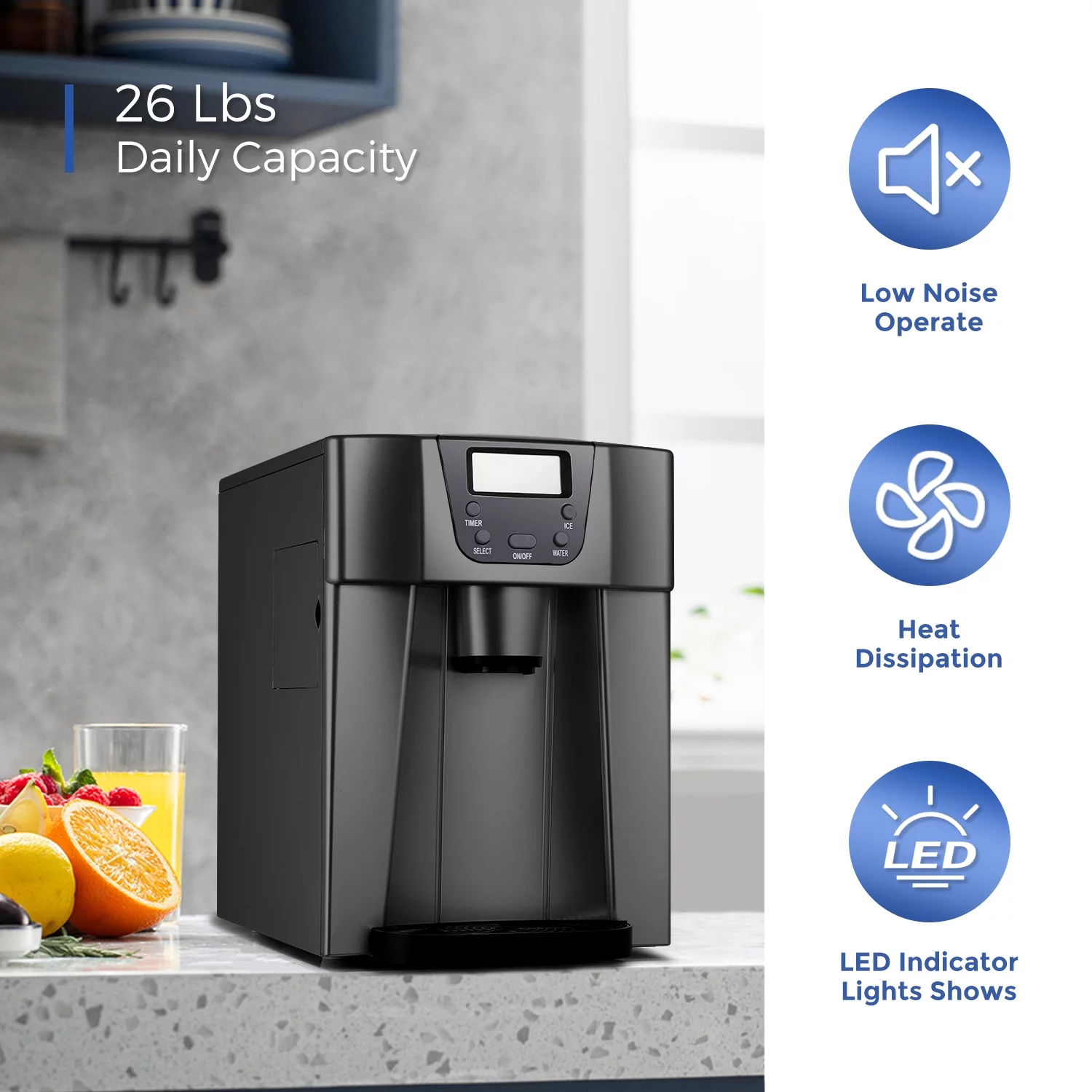 Ice Maker with Water Dispenser Countertop 26Lbs/24H LCD Display Portable Black