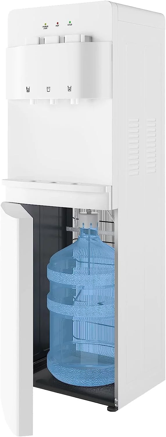 Muhub Cold & Hot Water Cooler Dispenser, White Bottom Loading Water Cooler Dispenser, Holds 3 or 5 Gallon Bottle, Anti-Scalding Design and Storage Cabinet, Child Safety Lock for Home, Office Use