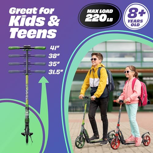 Skidee Adult & Teen Scooter Adjustable Height, Folding, Large Wheels, Lightweight, Durable, Anti-Shock Suspension, Up to 220 lbs
