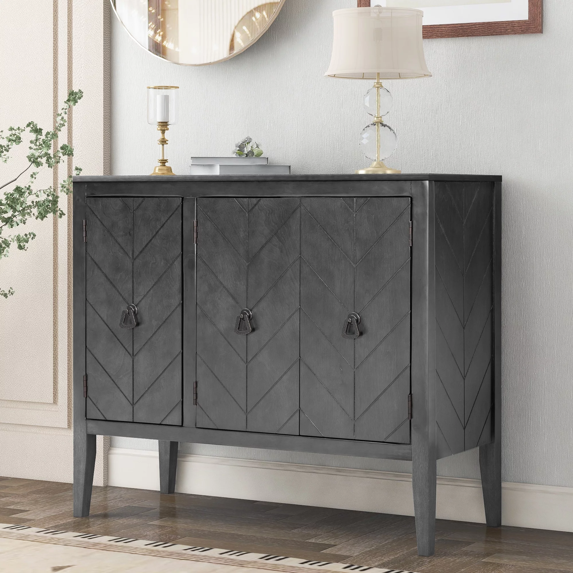 Gray Sideboard Living Room Buffet 3 Doors Storage Cabinet