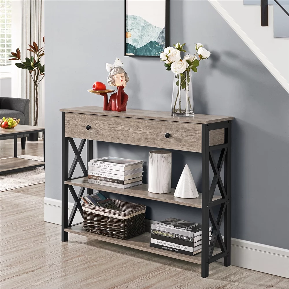 Topeakmart X Design Console Table w/ 1 Drawer & 2 Shelves, Gray